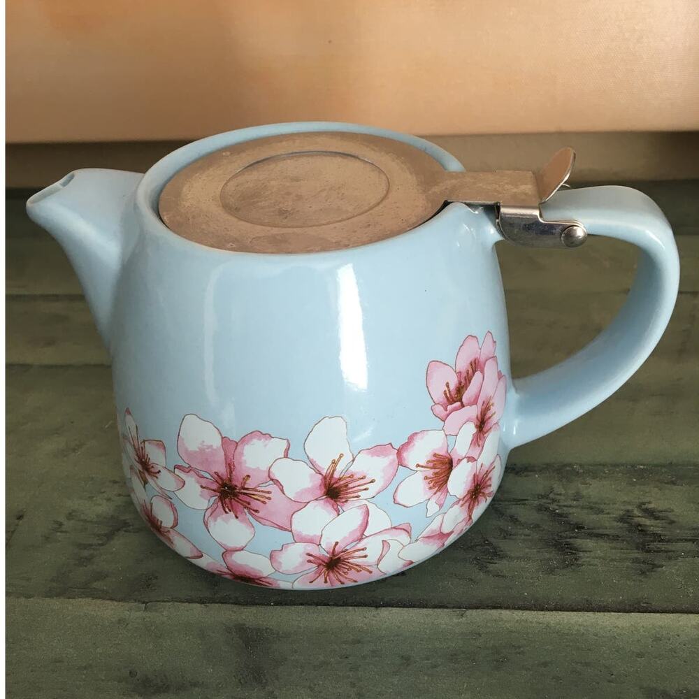Alfred Ceramic & Stainless Steel Teapot 20 oz Capacity Blue W Cherry Blossoms
